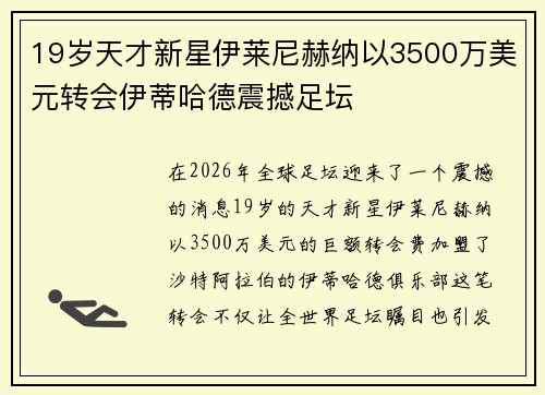 19岁天才新星伊莱尼赫纳以3500万美元转会伊蒂哈德震撼足坛