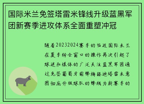 国际米兰免签塔雷米锋线升级蓝黑军团新赛季进攻体系全面重塑冲冠